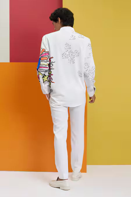 Nautanky  White Polyester Embroidery Gardenia Placement Doodle Print Shirt