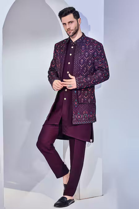 Chatenya Mittal  Purple , Satin Sequins, Embroidery Gul Bloom Long Bundi Set