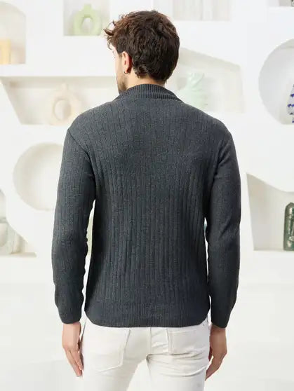 KVETOO Self Design High Neck Casual Men Grey Sweater