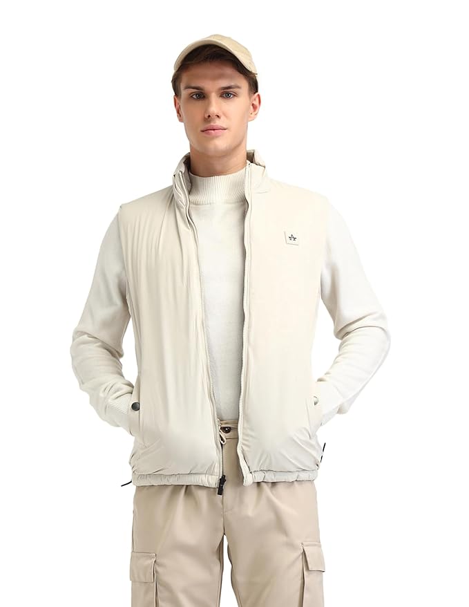 Arrow Sports Men's Khaki Solid High Neck Sleeveless Casual Polyester Regular Fit Jacket