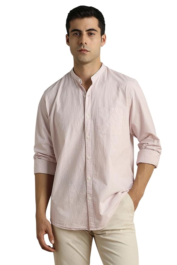 Peter England Classic Striped Cotton Mandarin Collar Shirt for Men – Full Sleeves, Business Casual