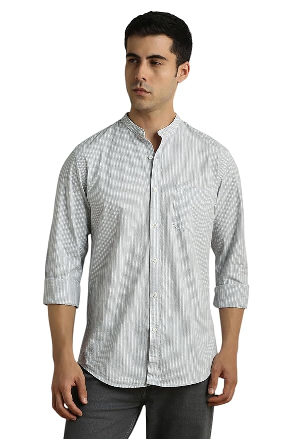 Peter England Classic Striped Cotton Mandarin Collar Shirt for Men – Full Sleeves, Business Casual