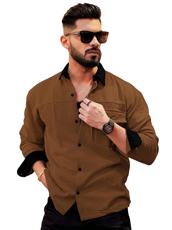 Maniac Mens Solid Collared Neck Full Sleeve Biscuit and Black Cotton Shirt