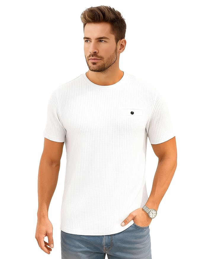 AWG ALL WEATHER GEAR Men Solid Waffle Crew Neck Tshirt | Waffle Knit T-Shirt | Men's T-Shirt | Tees for Man | Textured Half Sleeve T-Shirt's | Tshirt for Men Stylish
