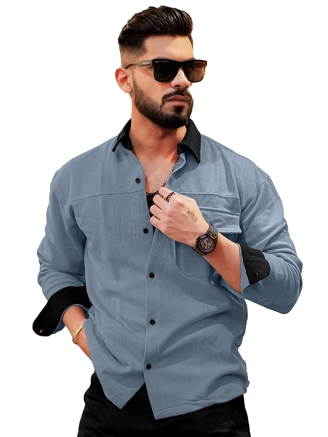 Maniac Mens Solid Collared Neck Full Sleeve Biscuit and Black Cotton Shirt